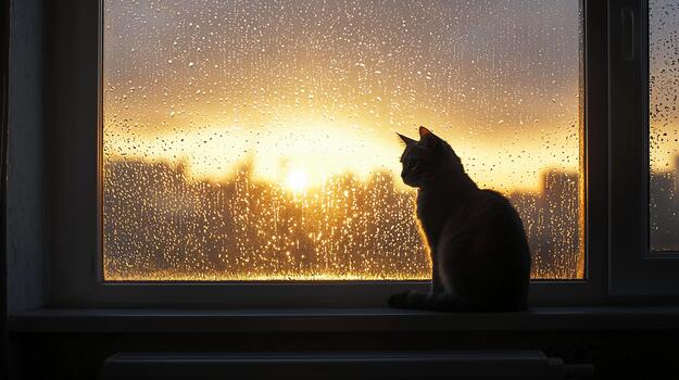 gato disfruta el suave Mañana ligero mientras sentado en un antepecho durante amanecer foto