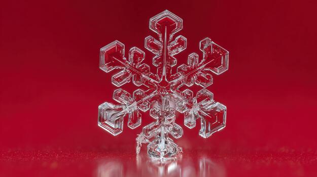 Intricate snowflake displays detailed geometry against a red background photo