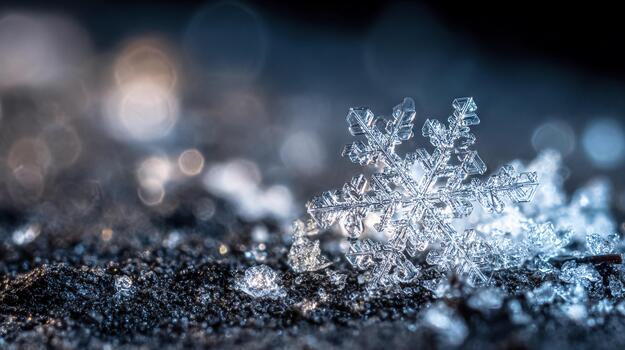 Close-up view of a snowflake showcasing intricate geometric details in winter photo