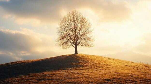 Serene tree atop a hill illuminated by warm sunset light photo