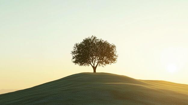 Sunset light illuminating a solitary tree on a gentle hill photo