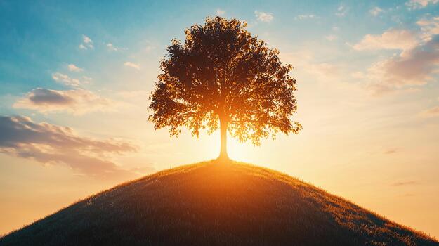 Sunset light shining through the leaves of a tree on a hill photo