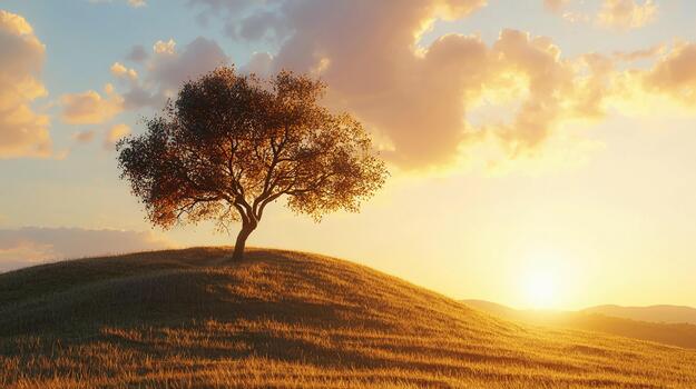 hermosa árbol en un colina durante puesta de sol ligero con mínimo paisaje foto