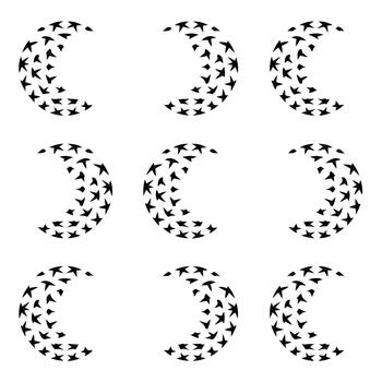 Nine black crescent shapes composed of small arrow-like elements on a white background abstract vector