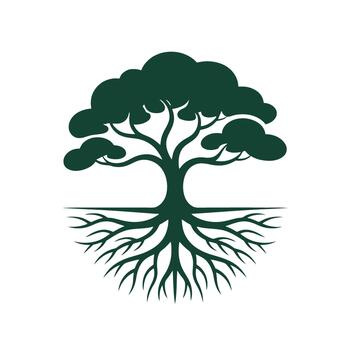 Stylized dark green tree with extensive root system on white background roots system vector