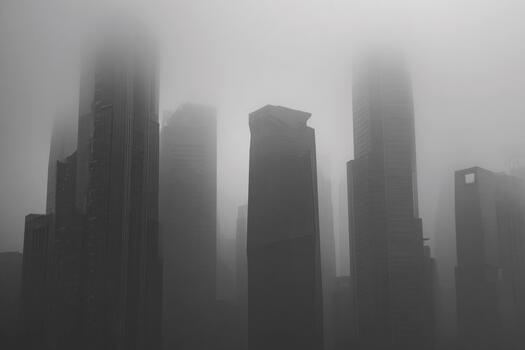 Minimal futuristic city skyline silhouette in monochrome with fog photo