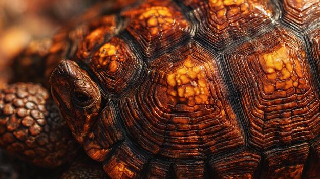Close-up view of tortoise carapace showing intricate textures and colors in sunlight photo