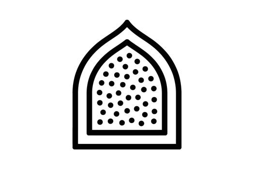 Black outline of a pointed arch window with circular pattern inside black and white vector