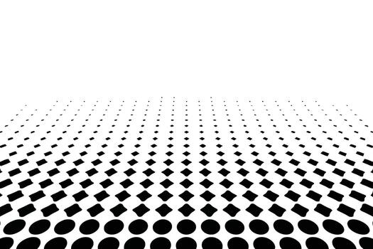 Black and white abstract pattern of dots and rounded squares receding into distance circles vector