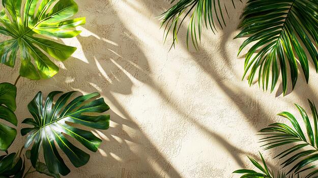 Sunlight casts leaf shadows on textured wall in a serene interior space photo