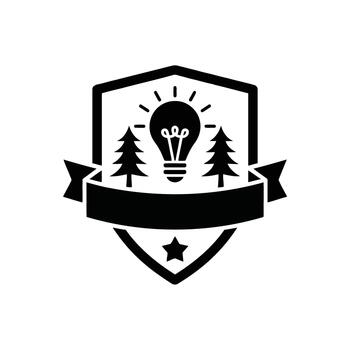 Black silhouette emblem with a lightbulb, trees, a banner, and a star on a white background badge crest vector