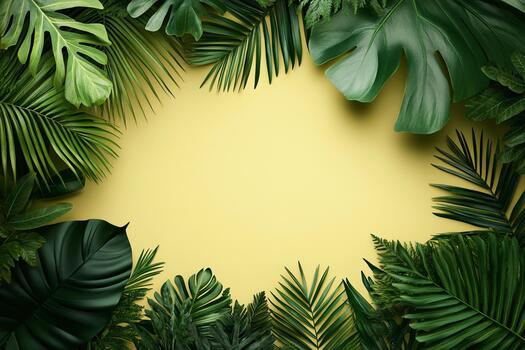 Nature's tranquility with smooth green leaves on a calm yellow background photo