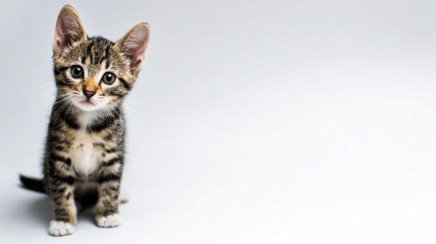 Striped kitten on a plain background, bright eyes and curious expression photo