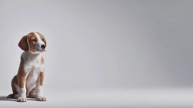 Small puppy sitting on the left side with soft fur and curious expression photo