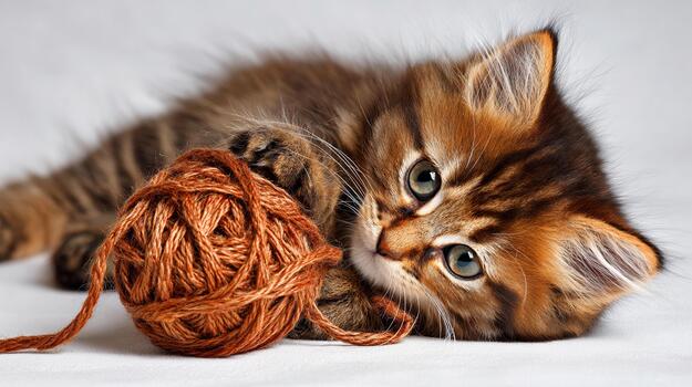 realista gatito jugando con hilo en suave blanco antecedentes foto