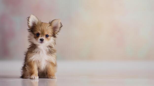 Realistic small puppy sitting on left side of pastel background with soft colors photo