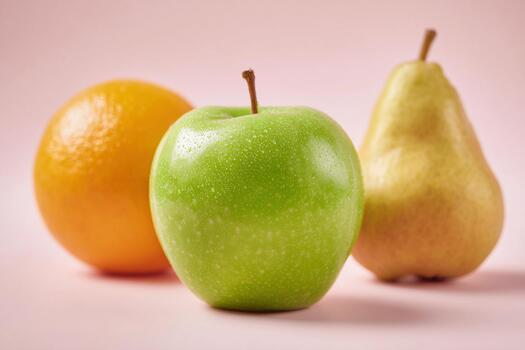 Fresh fruits arranged beautifully with apple, pear, and orange on soft background photo