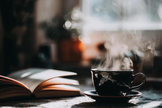 Cozy cafe corner with a steaming cup of coffee and an open book photo