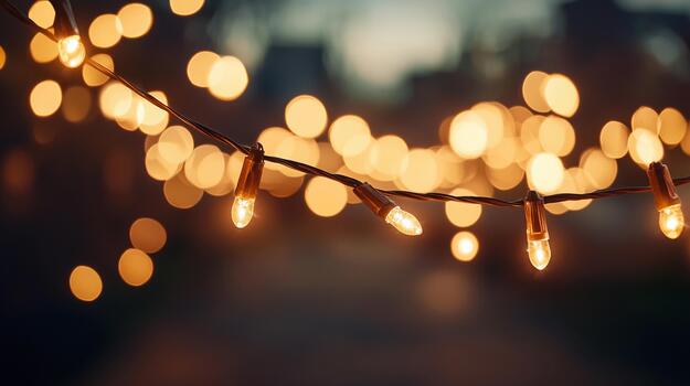 Soft glowing string lights create a minimal festive atmosphere during twilight photo