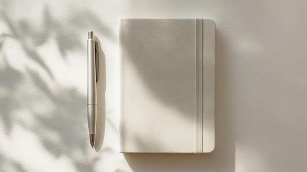 Stylish flat lay of a notebook and pen on a light surface with subtle shadows photo
