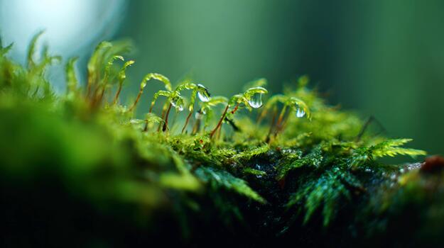 Exploring the vibrant textures of moss with droplets at close range photo