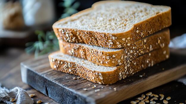 Grain bread slices stacked on rustic wooden board with natural elements photo