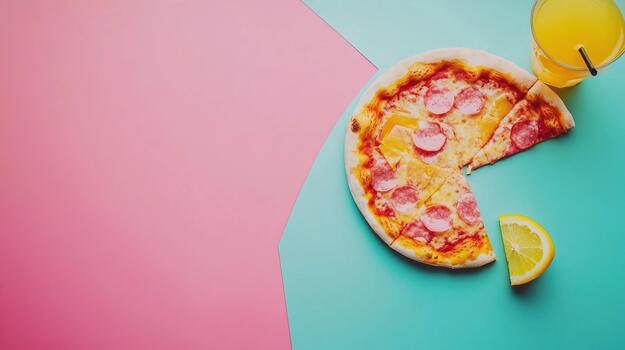Delicious pizza slice paired with refreshing drinks in a colorful setting photo
