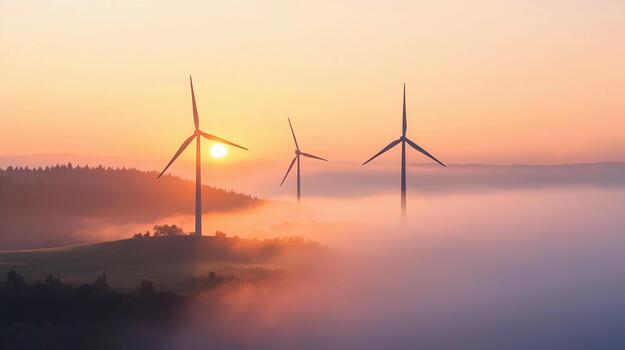 Silhouetted wind turbines emerging from fog at sunrise in a serene landscape photo