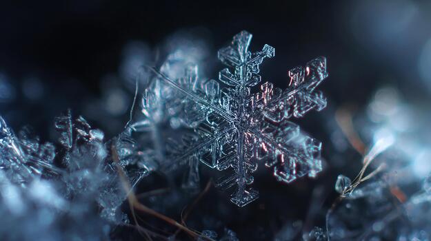 Frozen snow crystal captured in detailed macro shot during winter photo