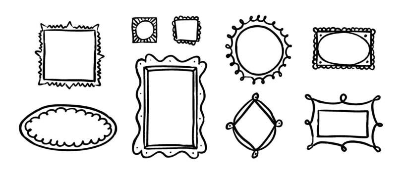 Doodled picture frame gallery set. Hand drawn photo and image border collection. 9 scribbled art frame layout arrangement. Sketched mood board collage template. Memory wall composition idea. vector