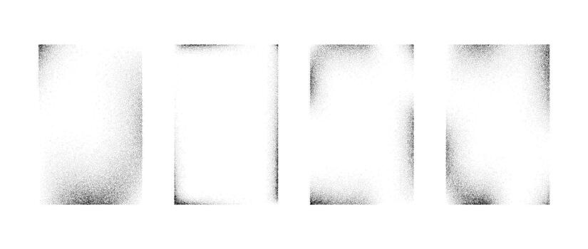 Sprayed noise frame collection. Black dotted grain rectangle border set. Stippled gradient boarder bundle for text box, banner, poster, template. Rough spray stencil graffiti effect frames vector