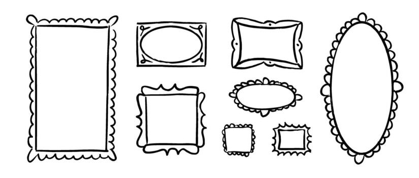 Doodled picture frame gallery set. Hand drawn photo and image border collection. 8 scribbled art frame layout composition. Sketched mood board collage template. Memory wall arrangement idea. vector