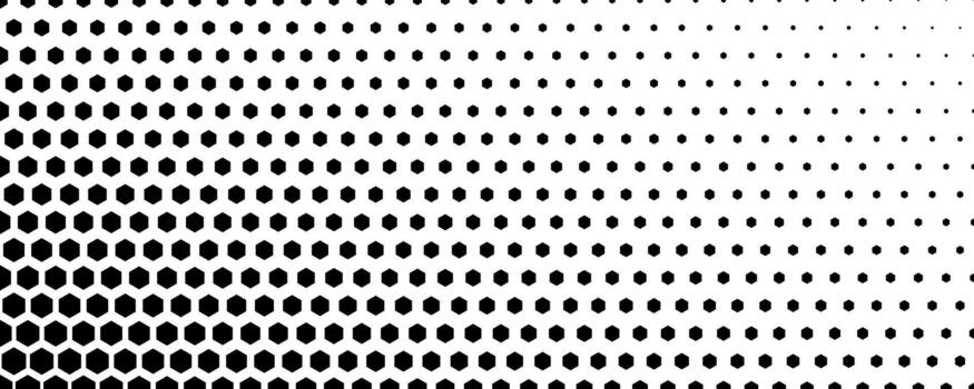 Fading hexagon gradient texture. Vanishing honeycomb pattern background. Corner hexagonal halftone tech overlay backdrop. Black grunge halfton wallpaper. Retro technology dot texure wallpaper vector