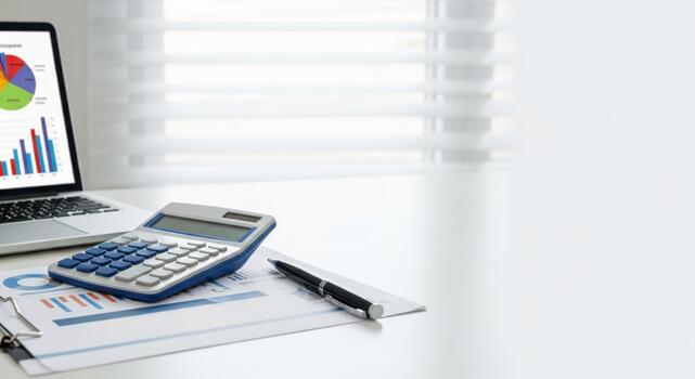 Q4 business year end review 2026 2025 new year financial report with calculator pen and laptop on desk showing charts and planning for q4 business year end review 2026 2025 new year photo