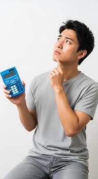 Young man holding calculator and pondering business income creation with thoughtful expression photo