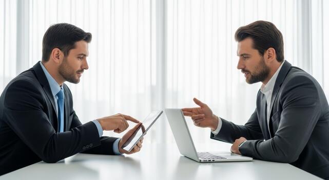 two business professionals discussing financial report on tablet and laptop in modern office showing collaboration and focused expression photo