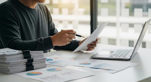 Financial report analyst tax budget financial accounting professional reviews paper report with laptop and charts in office showing focused analysis and thoughtful expression photo