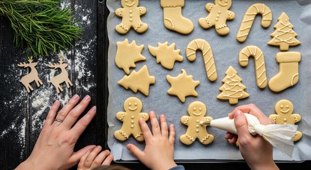 Gingerbread cookies on tray being decorated for christmas and new year with family hands piping icing creating warm festive joy photo