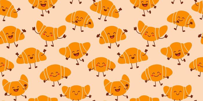 sin costura cuerno modelo con linda contento Pastelería caracteres en suave melocotón antecedentes en juguetón comida y panadería estilo vector