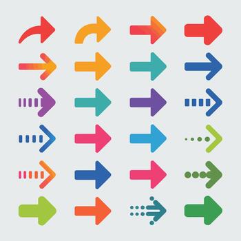 Collection of Twenty Four Colorful Arrows Pointing Right Various Styles Gradient Fill Design Elements vector