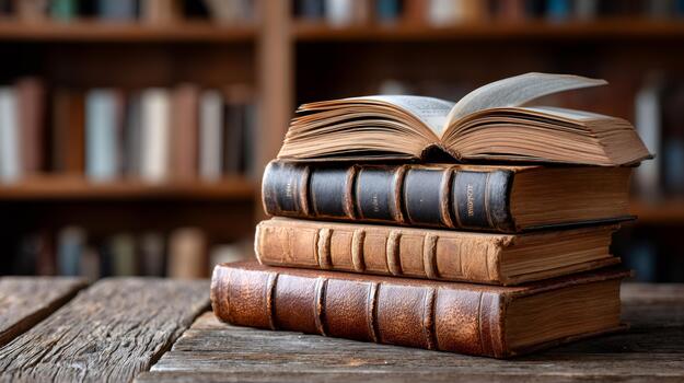 Stack of old books with open book on rustic table photo