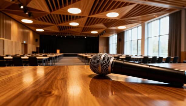 Public Speaking Concept Microphone Conference Room Empty Stage photo