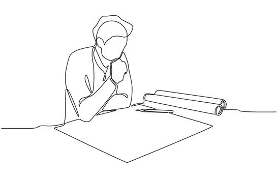 Continuous one line drawing of architect pondering his work on draft paper, symbolizing planning, design work, architecture, or creative decision-making, single line art. vector