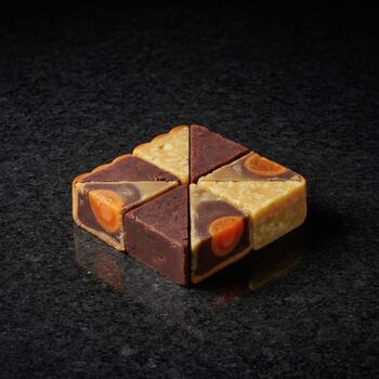A mooncake cut into six triangular pieces, arranged to form a circular shape, set against a dark, textured background. photo