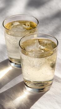 Refreshing Glasses Filled With Sparkling Water and Ice on a Light Background. photo