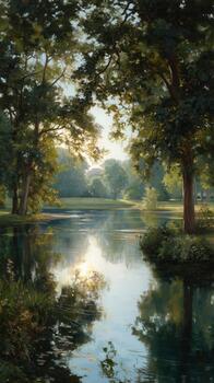 Calm Riverbank Scene With Lush Trees Reflecting in Tranquil Water photo