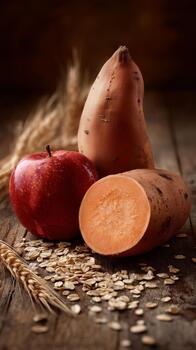 Sweet Potato and Apples Arranged With Grains on Rustic Wooden Surface in Natural Light. photo