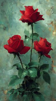 Beautiful Red Roses in Full Bloom Against a Soft Textured Background. photo