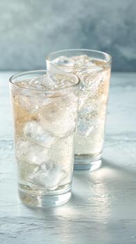 Refreshing Glasses Filled With Sparkling Water and Ice on a Light Background photo