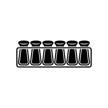 A minimalist illustration of a row of six laboratory test tubes with rounded stoppers neatly arranged in a holder vector